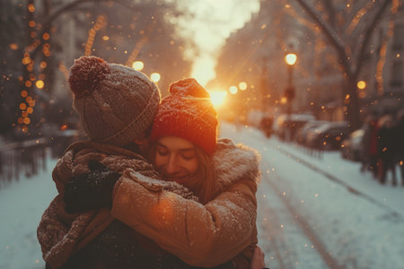 Valentine's day date. Young loving stylish couple walking in winter city. Man and woman hugging enjoying snowy landscape outdoorsの素材