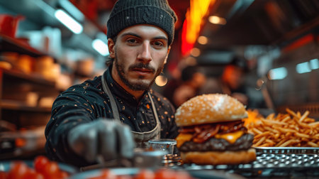 the chef prepares a burger, a hamburger. on a background with ingredients. Delicious and fast food, fast food. A menu, a cafe, fast food, catering, gastronomyの素材