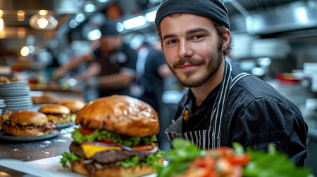 the chef prepares a burger, a hamburger. on a background with ingredients. Delicious and fast food, fast food. A menu, a cafe, fast food, catering, gastronomyの素材