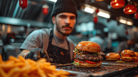 the chef prepares a burger, a hamburger. on a background with ingredients. Delicious and fast food, fast food. A menu, a cafe, fast food, catering, gastronomyの素材