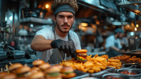 the chef prepares a burger, a hamburger. on a background with ingredients. Delicious and fast food, fast food. A menu, a cafe, fast food, catering, gastronomyの素材