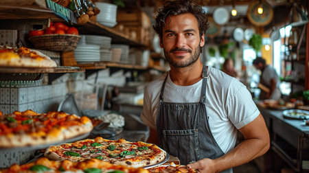 Food concept. Preparing traditional Italian pizza. Young smiling chef in uniform decorate ready dish in interior of modern restaurant kitchen. Ready to eat.の素材