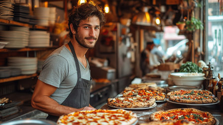 Food concept. Preparing traditional italian pizza. Young smiling chef in uniformの素材