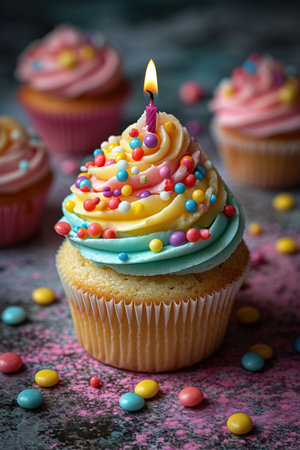 Birthday cupcakes with celebration candles and sprinkles for a birthday party.の素材