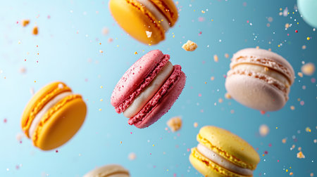 Sweet macaroons macarons with crumbs falling flying isolated on blue background. French cookies with vanilla, raspberry and strawberry. Pastry shop cardの素材