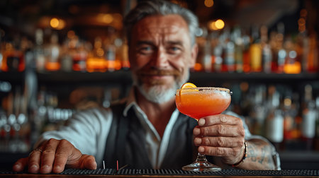 A handsome male bartender serves various cocktails at the bar. The concept of rest and weekends.の素材