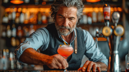 A handsome male bartender serves various cocktails at the bar. The concept of rest and weekends.の素材