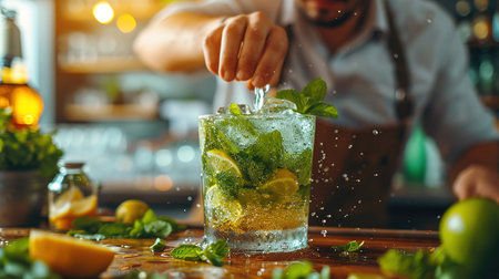 The bartender prepares a mojito cocktail at the bar. The concept of rest and weekends.の素材