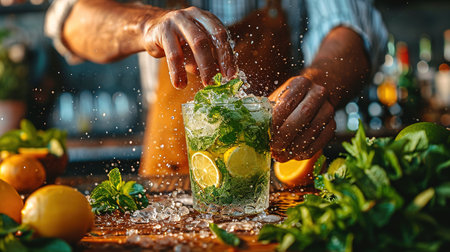 The bartender prepares a mojito cocktail at the bar. The concept of rest and weekends.の素材
