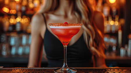 A beautiful bartender girl serves different cocktails at the bar. The concept of rest and weekends.の素材