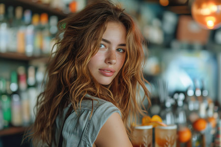A beautiful bartender girl serves different cocktails at the bar. The concept of rest and weekends.の素材