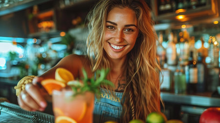 A beautiful bartender girl serves different cocktails at the bar. The concept of rest and weekends.の素材