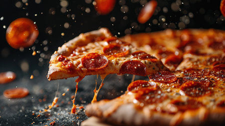 A flying slice of pepperoni pizza with stretching cheese on a black background. The concept of fast food and junk food.の素材