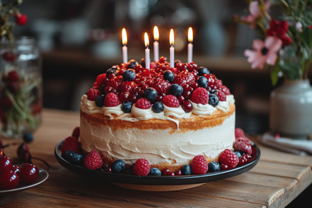 Celebration birthday cake with colorful sprinkles and twenty one colorful birthday candlesの素材