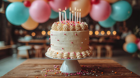 Celebration birthday cake with colorful sprinkles and twenty one colorful birthday candlesの素材