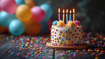 Celebration birthday cake with colorful sprinkles and twenty one colorful birthday candlesの素材