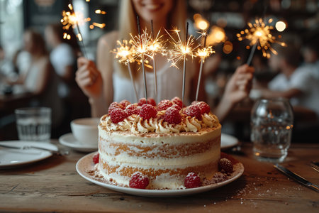 Celebration birthday cake with colorful sprinkles and twenty one colorful birthday candlesの素材