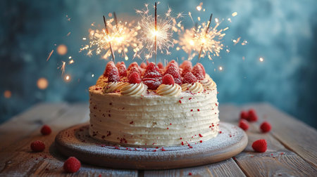 Celebration birthday cake with colorful sprinkles and twenty one colorful birthday candlesの素材