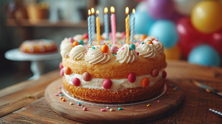 Celebration birthday cake with colorful sprinkles and twenty one colorful birthday candlesの素材