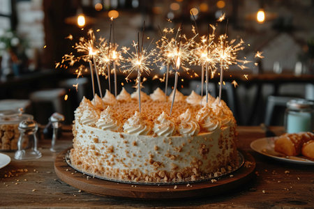 Celebration birthday cake with colorful sprinkles and twenty one colorful birthday candlesの素材