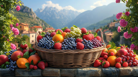 Fresh organic vegetables and fruits in wicker basket in the garden.の素材