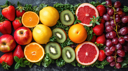 Healthy food. Vegetables and fruits. On a black wooden background. Top view. Copy space.の素材