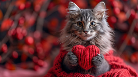 A red knitted heart in the paws of a cat. A postcard with a gray and black fluffy cat for Valentine's Day. Festive background with a cat. copy spaceの素材