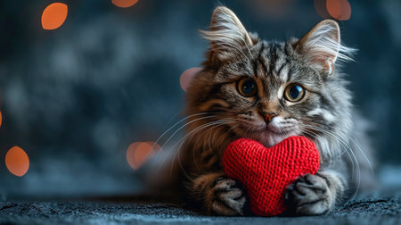 A red knitted heart in the paws of a cat. A postcard with a gray and black fluffy cat for Valentine's Day. Festive background with a cat. copy spaceの素材