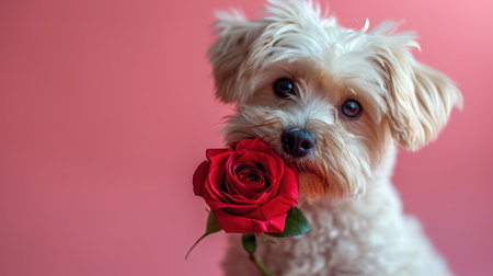 St. Valentine's Day concept. Funny portrait cute puppy dog holding red rose flower. Lovely dog in love on valentines day gives gift.の素材