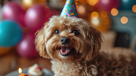 Portrait of a dog in a festive hat for his birthday. The owners wish their pet a happy birthday.の素材