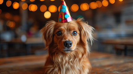Portrait of a dog in a festive hat for his birthday. The owners wish their pet a happy birthday.の素材