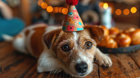 Portrait of a dog in a festive hat for his birthday. The owners wish their pet a happy birthday.の素材
