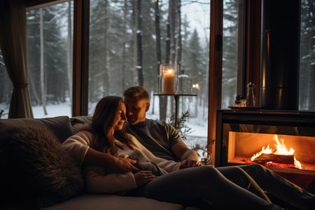 A cute couple in a large wooden house. for Valentine's Day. for Valentine's Day are sitting on the couch and watching TV.の素材