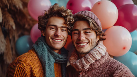 Two happy young men have fun feel celebrate birthday stand closely to each other pose against colorful balloons.の素材