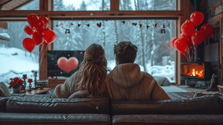 A cute couple in a large wooden house decorated with red heart-shaped balloons. for Valentine's Day are sitting on the couch and watching TV.の素材