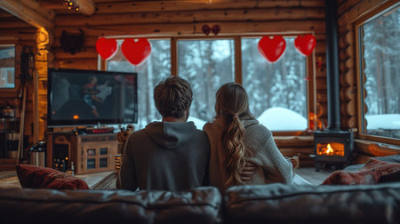 A cute couple in a large wooden house decorated with red heart-shaped balloons. for Valentine's Day are sitting on the couch and watching TV.の素材