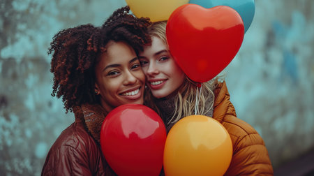 Young lesbian couple with heart-shaped balloons on blue background. Valentine's Day celebration.の素材