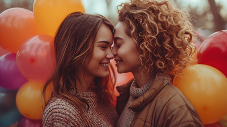 Young lesbian couple with heart-shaped balloons on blue background. Valentine's Day celebration.の素材