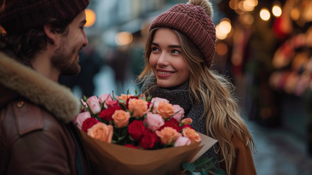 A happy young couple with a large bouquet of red roses hugging. Celebrating Valentine's Day or a weddingの素材