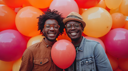 Two happy young men have fun feel celebrate birthday stand closely to each other pose against colorful balloons.の素材