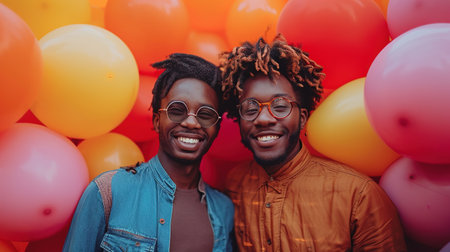 Two happy young men have fun feel celebrate birthday stand closely to each other pose against colorful balloons.の素材