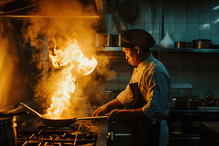 A professional Asian chef prepares various Chinese dishes in the kitchen of an expensive restaurant.の素材