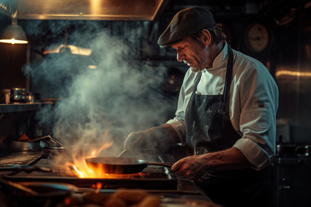 A professional chef prepares various dishes in the kitchen of an expensive restaurant.の素材