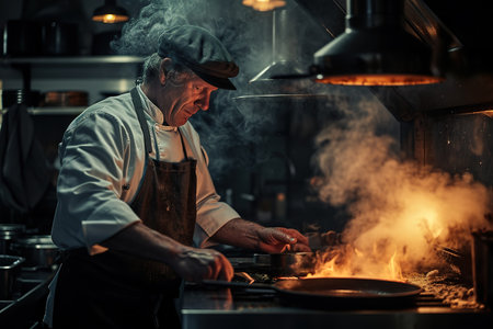 A professional chef prepares various dishes in the kitchen of an expensive restaurant.の素材