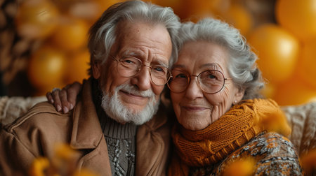 Happy senior couple celebrating anniversary or Valentine's Day against the background of balloons. Portrait of happy aged woman and man.の素材