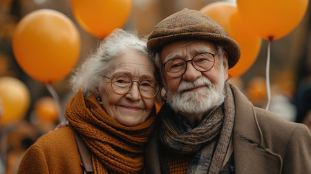 Happy senior couple celebrating anniversary or Valentine's Day against the background of balloons. Portrait of happy aged woman and man.の素材