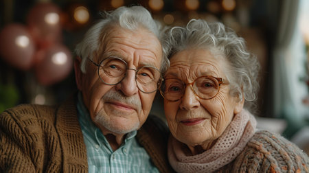 Happy senior couple celebrating anniversary or Valentine's Day against the background of balloons. Portrait of happy aged woman and man.の素材