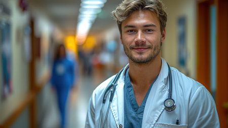 Healthcare, happy doctor and portrait of man in clinic for insurance, wellness and medical service. Cardiologist, hospital and health worker smile with crossed arms for care, consulting and helpの素材