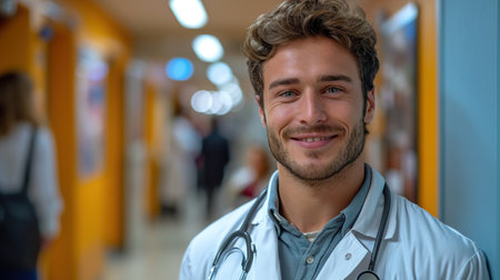 Healthcare, happy doctor and portrait of man in clinic for insurance, wellness and medical service. Cardiologist, hospital and health worker smile with crossed arms for care, consulting and helpの素材