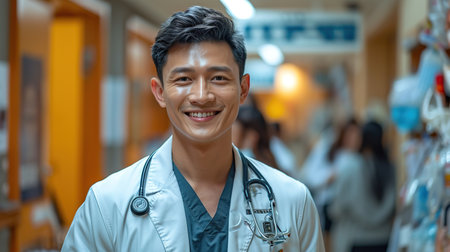 Healthcare, happy doctor and portrait of man in clinic for insurance, wellness and medical service. Cardiologist, hospital and health worker smile with crossed arms for care, consulting and helpの素材